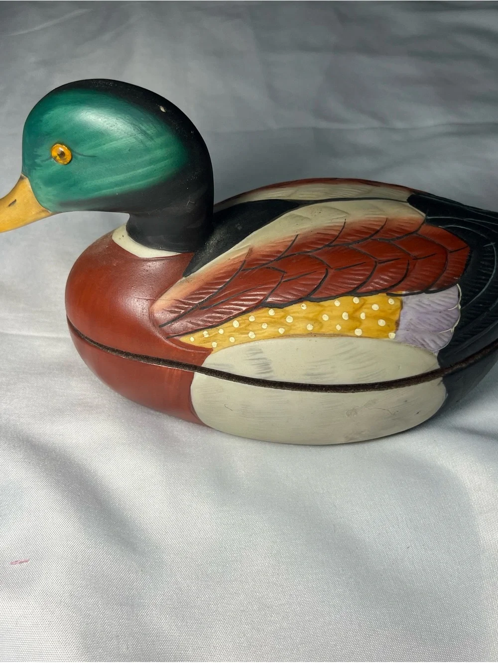 Vintage Mallard Duck Ceramic Trinket Box Hand Painted Felt Lined Jewelry Decor